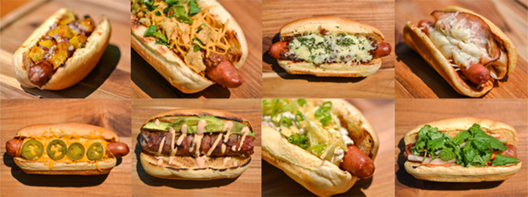TOP ROW LEFT TO RIGHT: Tiki Dog, the Frito Pie Dog, the French Onion dog, the Monte Cristo Dog, BOTTOM ROW LEFT TO RIGHT:  the Nacho Dog, the Bacon-Jack Dog, the Onion Dip Dog and the Vietnamese Dog